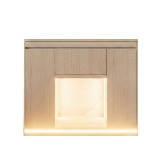 Square light fixture with wooden frame on a white background