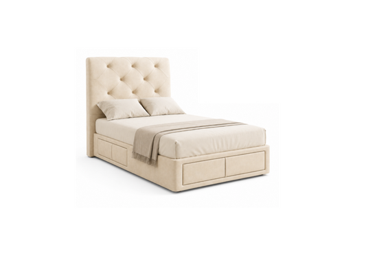 A single bed with a tall, tufted upholstered headboard and matching storage base, shown in a light beige or cream fabric. The bed is dressed with matching beige bedding, including two pillows and a folded throw blanket, set against a plain white background.