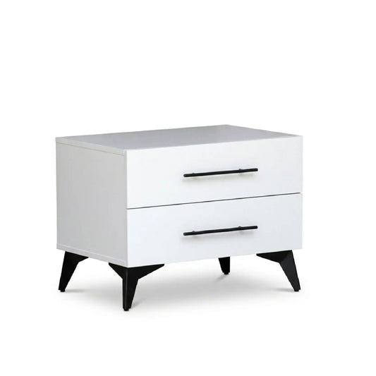 White nightstand with black legs on a white background