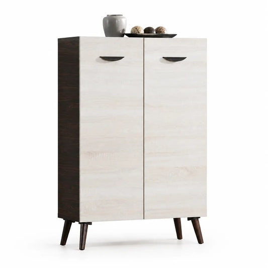 A mid-century modern two-door cabinet with light beige wood grain doors, a dark brown side panel, and tapered dark brown legs, shown on a white background with decorative objects on top.