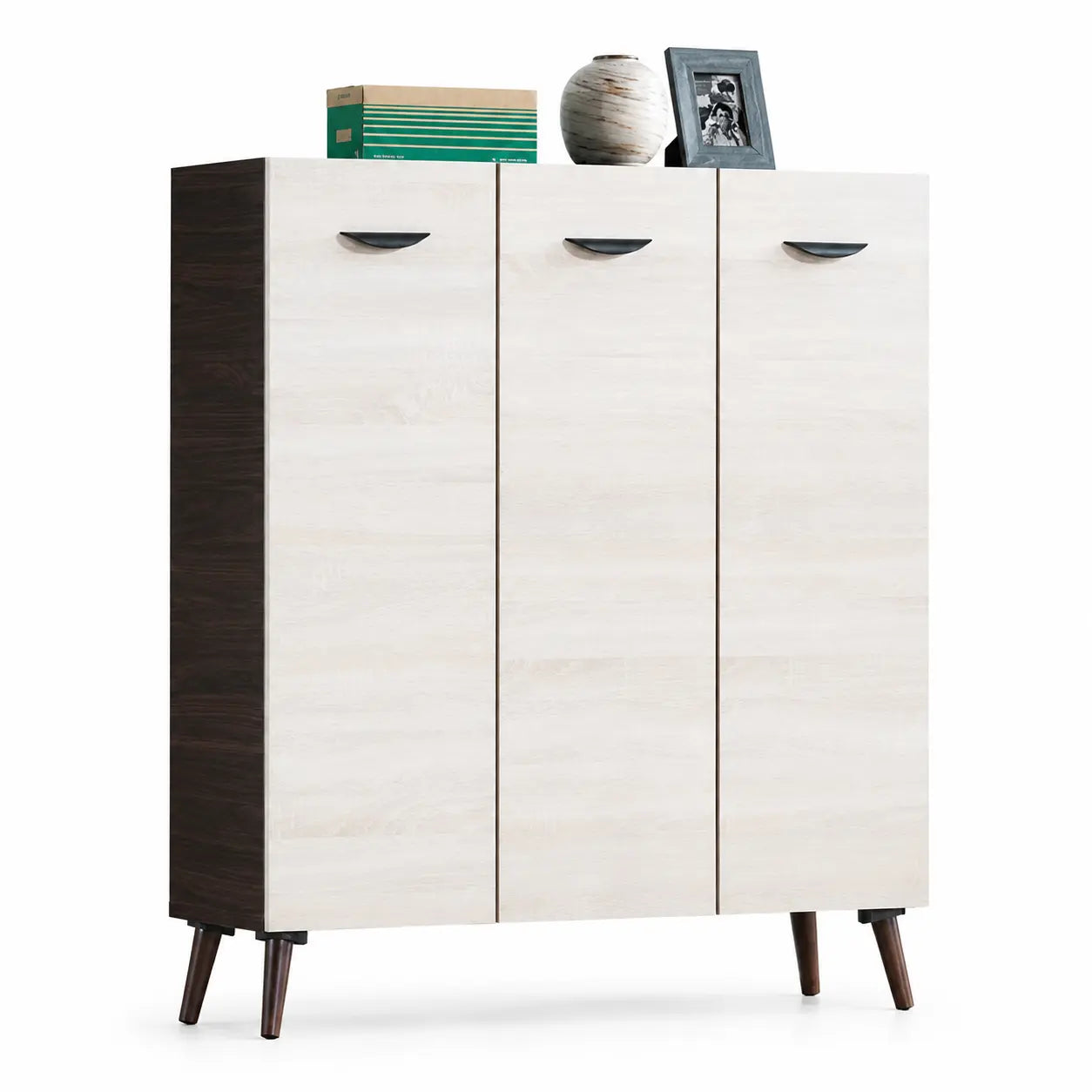 A modern three-door storage cabinet with light beige wood-grain doors, a dark brown side panel, and tapered dark brown legs, shown on a white background with decorative items on top.