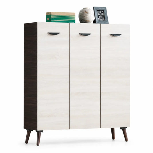 A modern three-door storage cabinet with light beige wood-grain doors, a dark brown side panel, and tapered dark brown legs, shown on a white background with decorative items on top.
