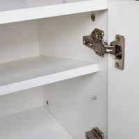 Close-up of a cabinet hinge on a white cabinet door