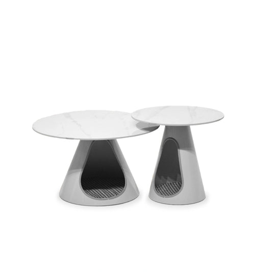 Two modern coffee tables with unique designs on a white background