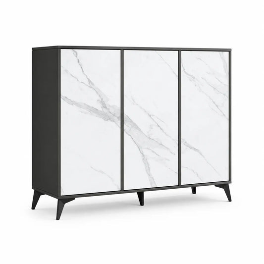A modern three-door sideboard or cabinet with white marble-patterned doors and a black frame, supported by angled black legs, shown on a plain white background.