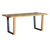 Wooden table with black metal legs on a white background