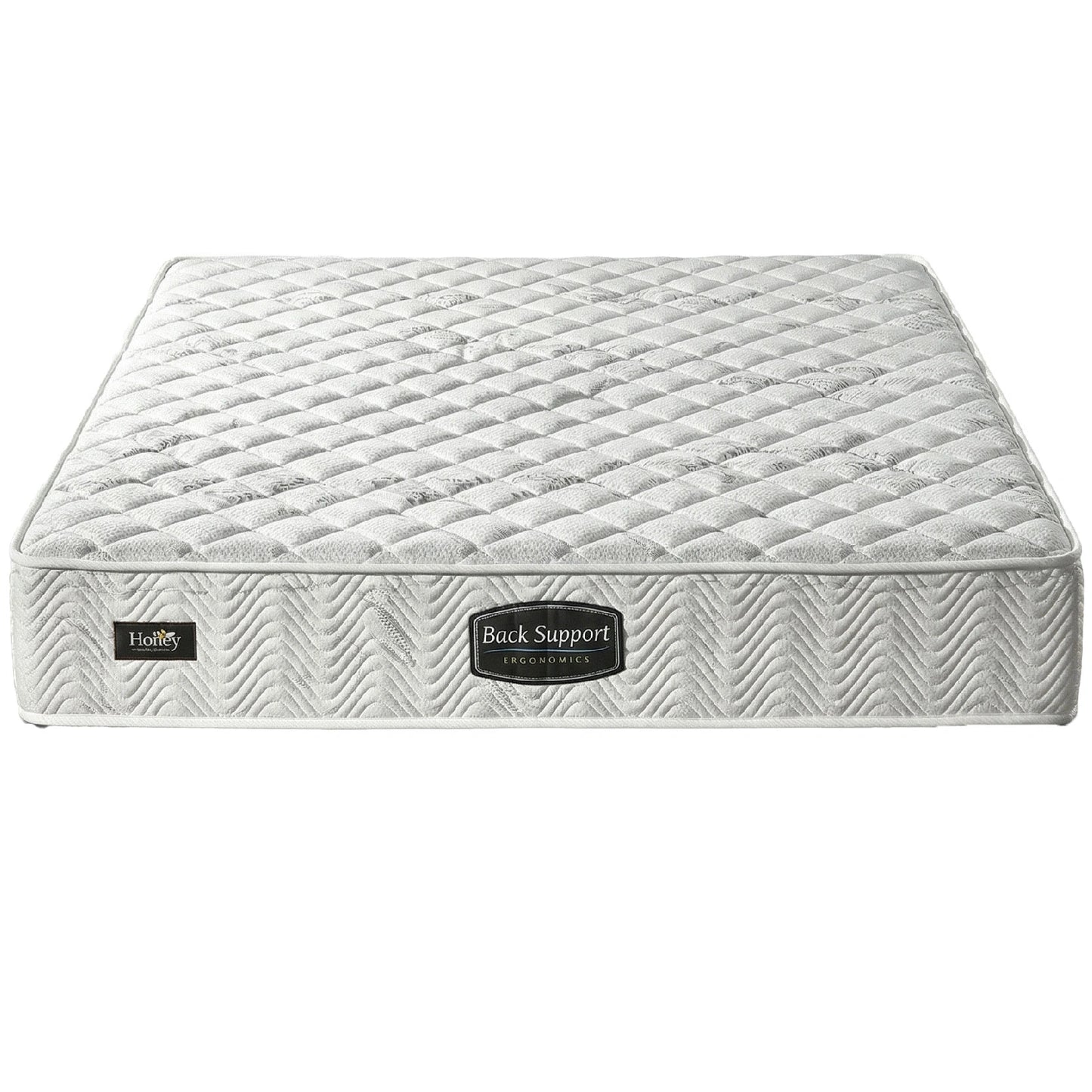 Gray mattress with 'Back Support' branding on a white background