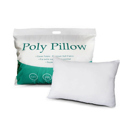 White pillow with Poly Pillow packaging on a white background