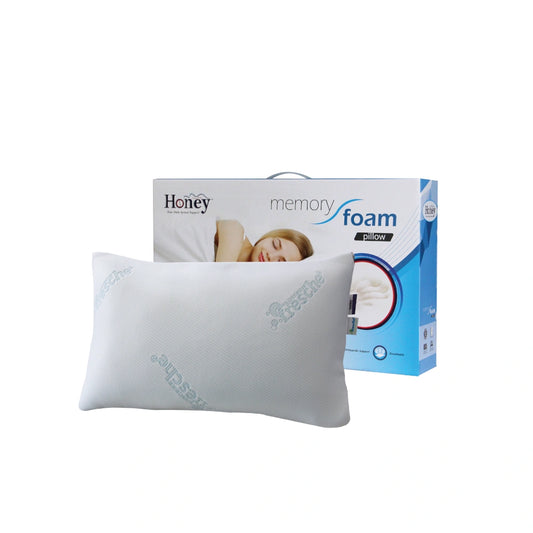 Memory foam pillow with packaging on a white background