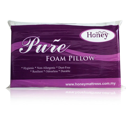 Purple packaging of a Honey Pure Foam Pillow with text on a white background