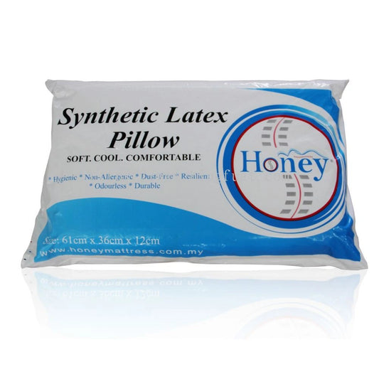 Packaged synthetic latex pillow with Honey brand logo on a white background