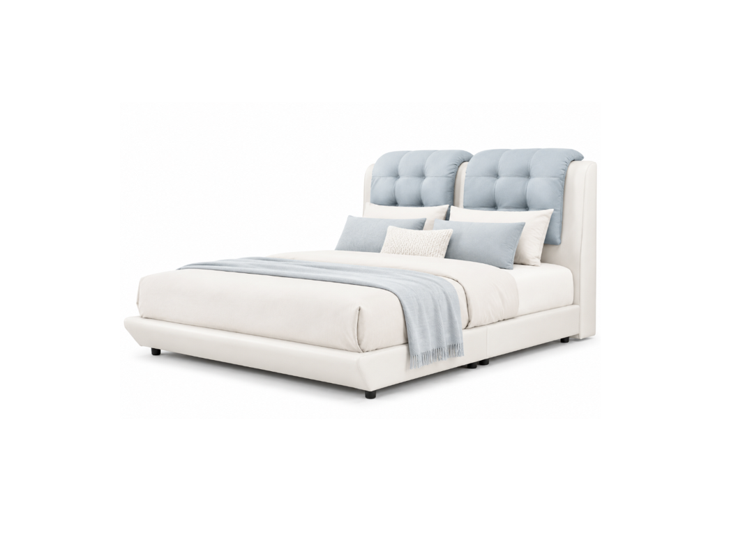 A modern platform bed with a tall, tufted headboard and matching footboard in off-white leather, styled with white bedding, light blue pillows, and a light blue throw blanket, set against a plain white background.