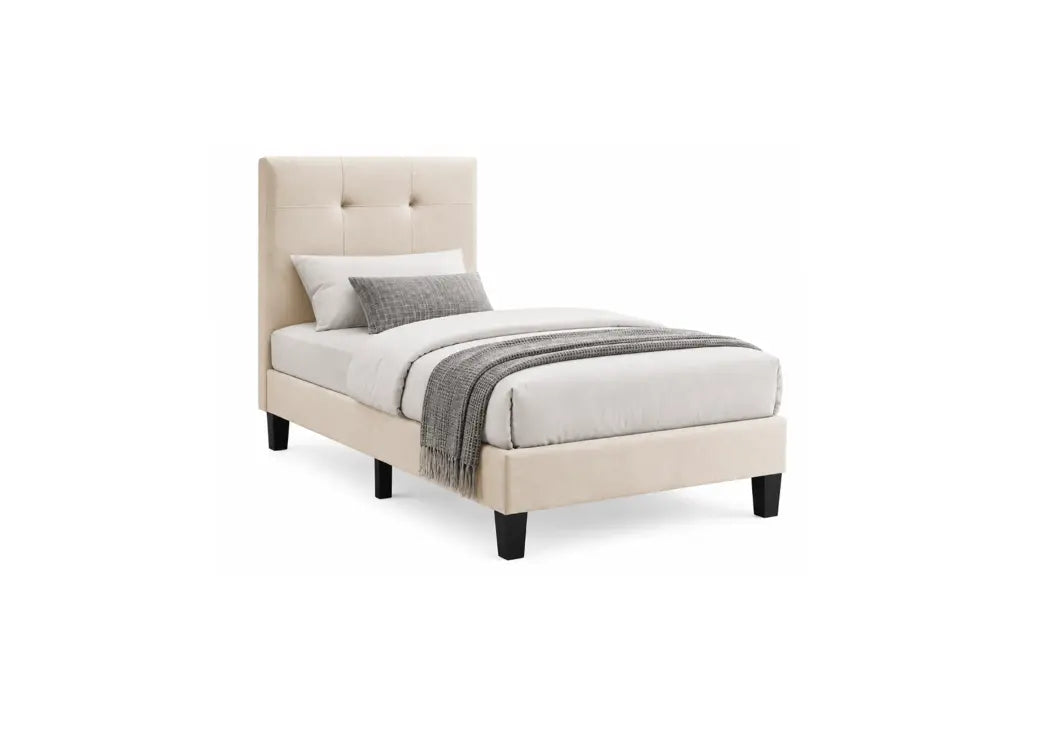 A single bed with a tall, tufted upholstered headboard and matching upholstered base, shown on a clean white background. The bed is dressed in white bedding with a gray textured throw pillow and a gray throw blanket.