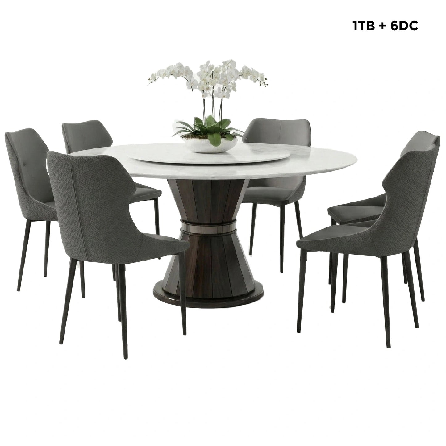 Dining table set with six chairs and a centerpiece on a white background