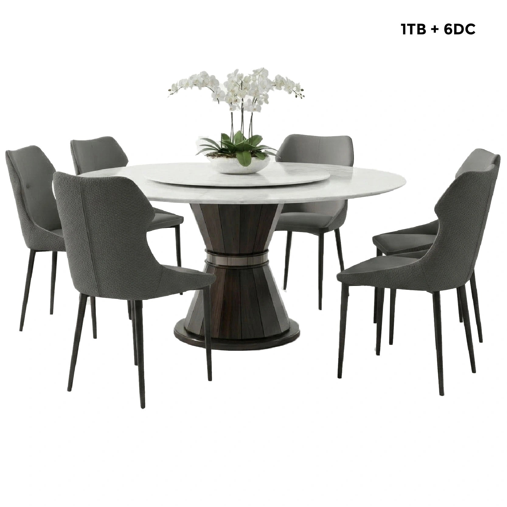 Dining table set with six chairs and a centerpiece on a white background