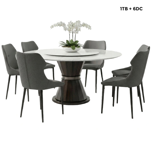 Dining table set with six chairs and a centerpiece on a white background