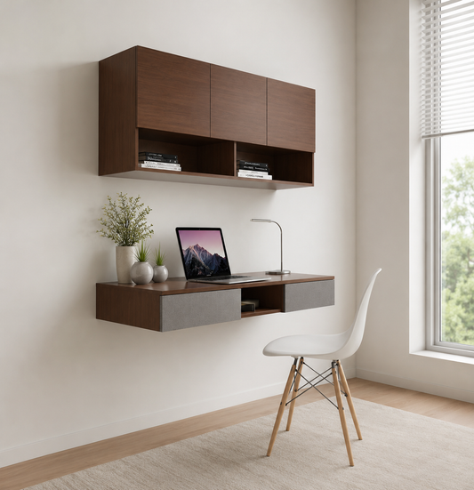 A modern floating desk and wall-mounted storage cabinet set in a bright home office. The dark brown wood cabinet and desk with a gray drawer front are mounted on a white wall.