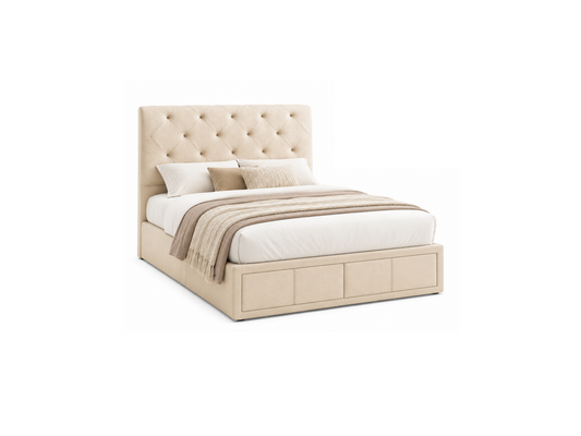 A modern platform bed with a tall, tufted upholstered headboard and storage base, shown in a light beige fabric. The bed is styled with white bedding, a beige throw blanket, and two matching pillows, set against a plain white background.