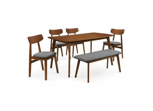 A mid-century modern dining set consisting of a rectangular wooden table, four matching chairs with gray upholstered seats, and a long bench with a gray upholstered seat, shown on a plain white background.