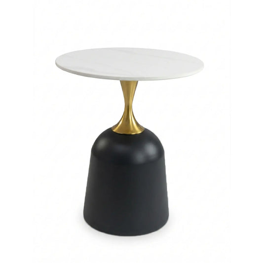 Small round table with a white top, black base, and gold accent on a white background