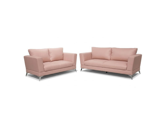A matching set of two modern upholstered seating pieces, a loveseat and a sofa, in a soft blush pink fabric with slim metallic legs, shown on a plain white background.