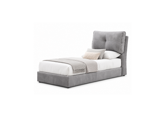A modern gray upholstered bed with a tall tufted headboard, shown with white bedding, a light beige throw blanket, and two pillows on a plain white background.
