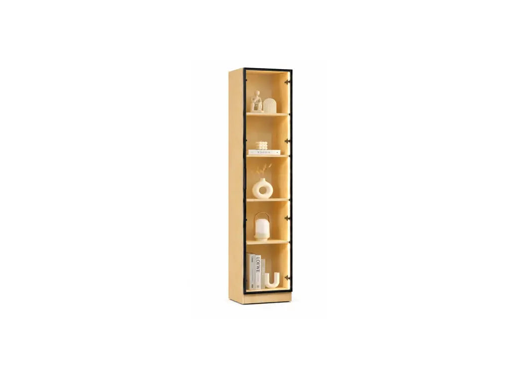 A tall, narrow light wood display cabinet with five shelves and a black metal frame, shown against a plain white background with decorative objects inside.