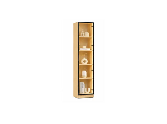 A tall, narrow light wood display cabinet with five shelves and a black metal frame, shown against a plain white background with decorative objects inside.