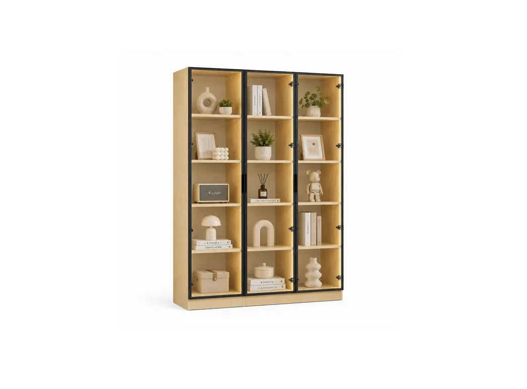 A tall wooden bookcase with nine open shelves and black metal corner brackets, styled with books, vases, and small plants, shown on a plain white background.