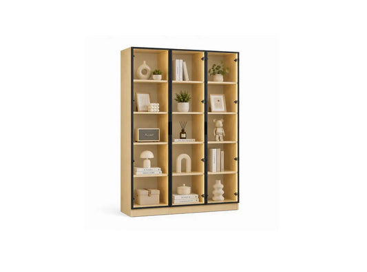 A tall wooden bookcase with nine open shelves and black metal corner brackets, styled with books, vases, and small plants, shown on a plain white background.