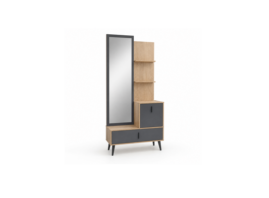 A modern wooden entryway cabinet with a tall mirror, open shelves, a cabinet door, and two drawers, shown on a plain white background.