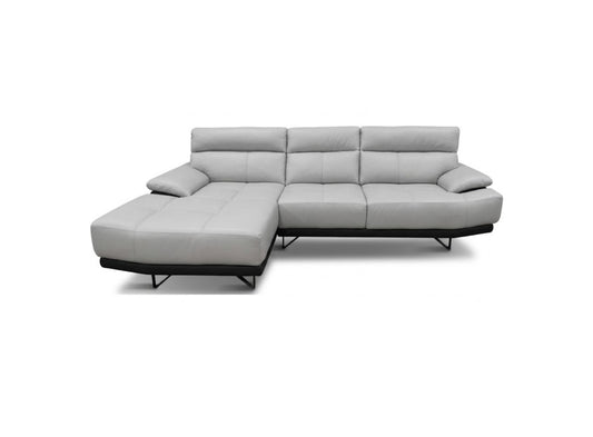 A modern light gray sectional sofa with a left-facing chaise lounge and a black metal frame, shown against a plain white background.