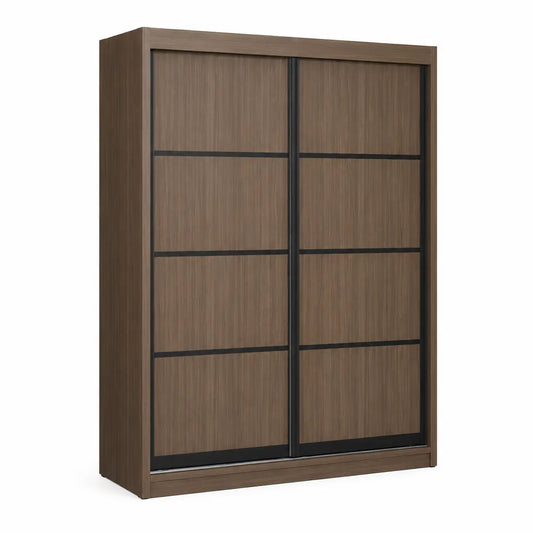 A modern two-door sliding wardrobe or closet cabinet with a medium brown wood grain finish and black metal frame accents, shown on a plain white background.