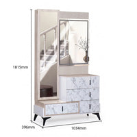 Furniture with marble pattern and dimensions on a white background