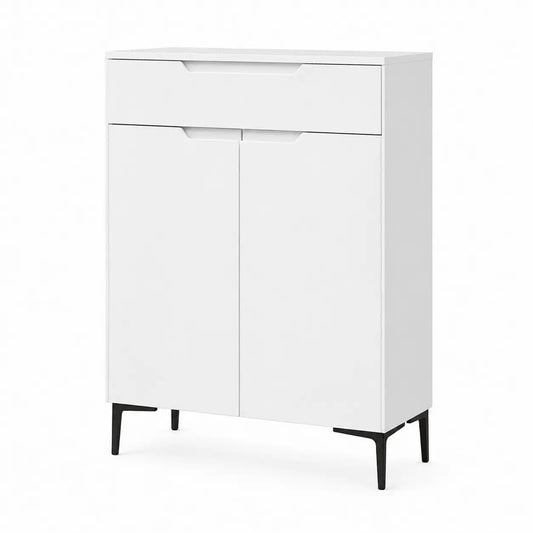 A modern white two-door cabinet with a top drawer, featuring minimalist black tapered legs and recessed drawer pulls, shown on a plain white background.