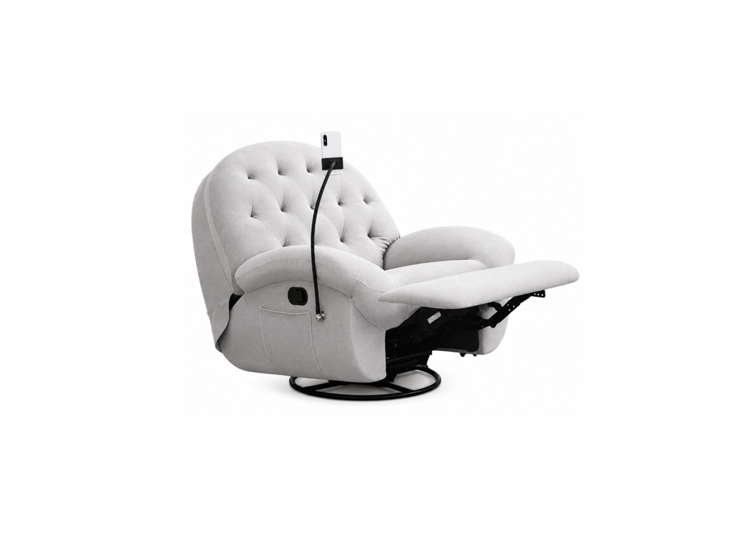 A white tufted recliner chair with extended footrest and a black swivel base, shown on a plain white background.