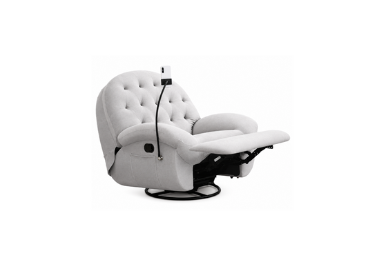 A white tufted recliner chair with extended footrest and a black swivel base, shown on a plain white background.