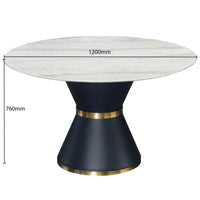 Round dining table with marble top and black base with gold band, dimensions indicated.