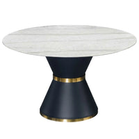 Round marble table with a dark base and gold band on a white background
