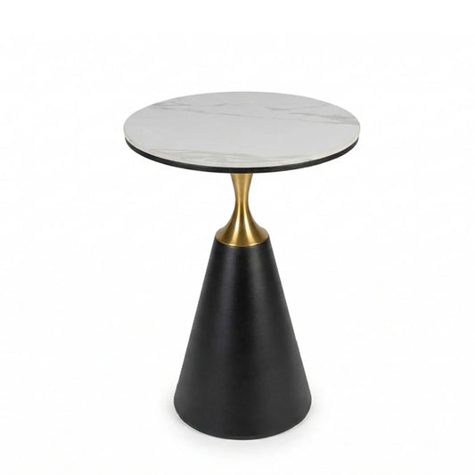 Round side table with marble top and black base with gold accent on a white background