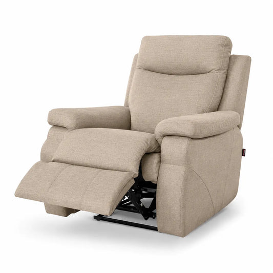 A beige upholstered recliner chair with the footrest extended, shown on a clean white background.