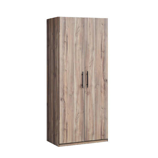 Modern 2-door wardrobe with a warm walnut wood grain finish and sleek vertical black handles.
