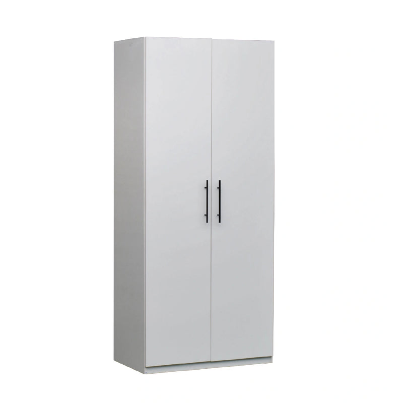 White storage cabinet with black handles on a white background