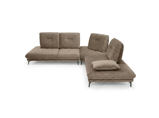 A modern sectional sofa in a taupe brown fabric, featuring a two-seater section and a right-facing chaise lounge with a matching throw pillow, shown against a plain white background.