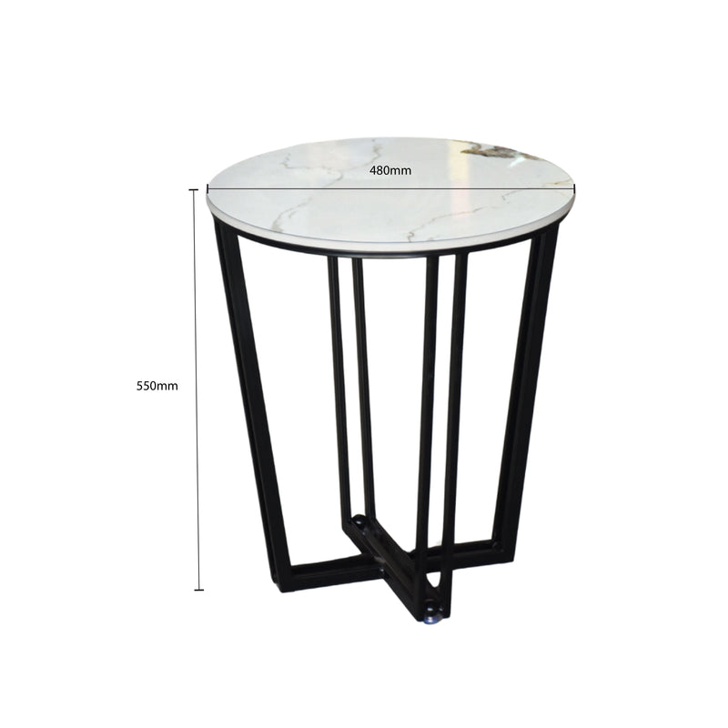 Round side table with marble top and black metal legs, dimensions indicated.