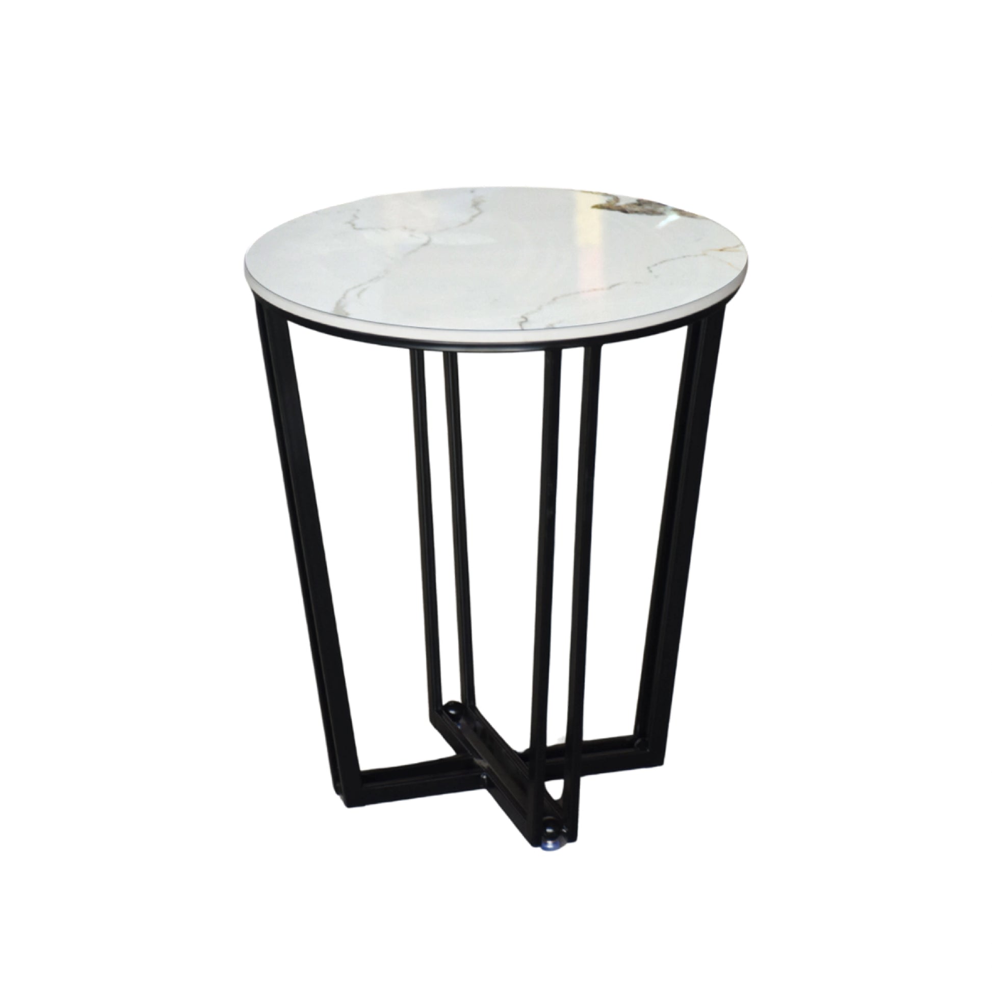 Round side table with marble top and black metal frame on a white background