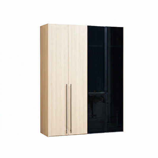 Two-tone wardrobe with light wood and black finish on a white background