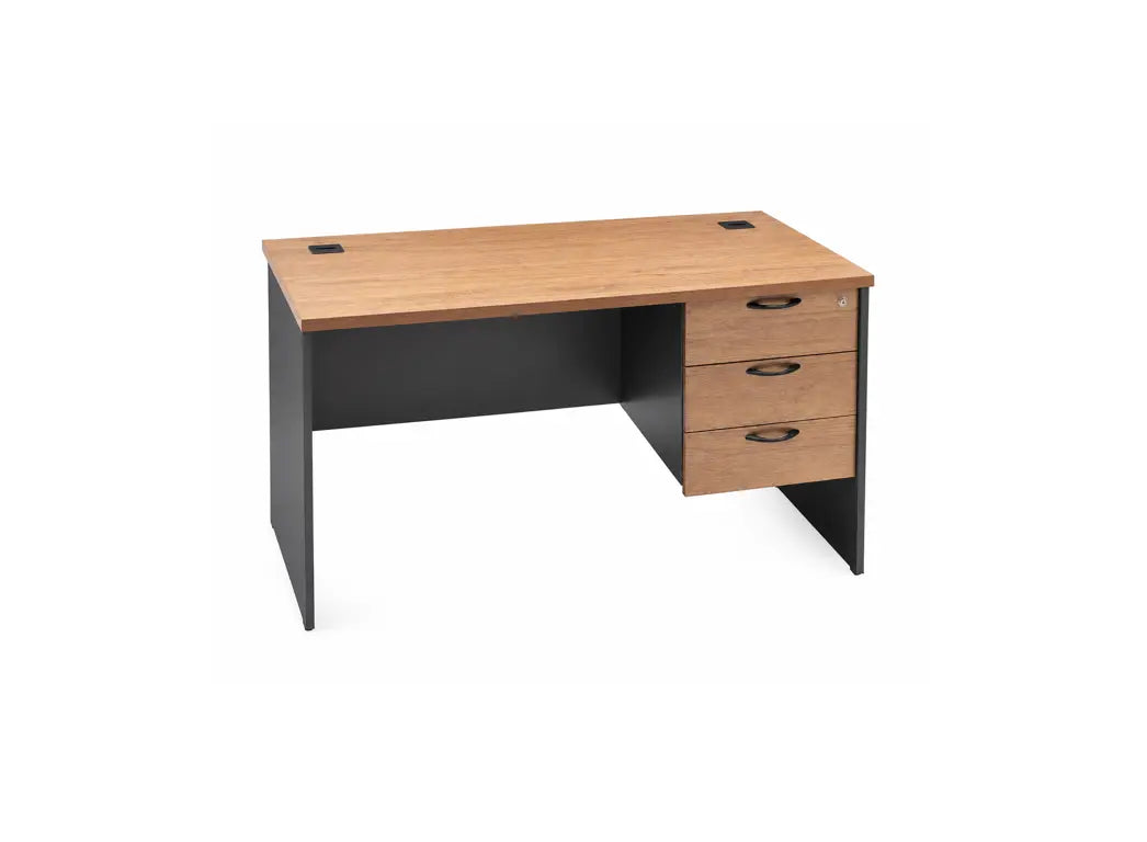 A modern office desk with a light brown wood-grain desktop and drawer fronts, paired with a black metal frame and legs, shown on a plain white background.