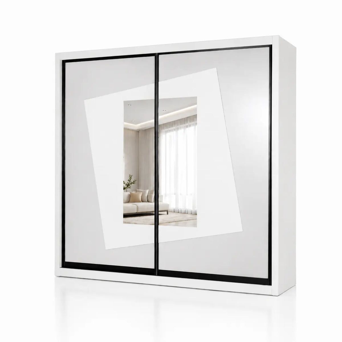 A modern white two-door wardrobe or closet with slim black metal frames and mirrored doors, shown on a clean white background.