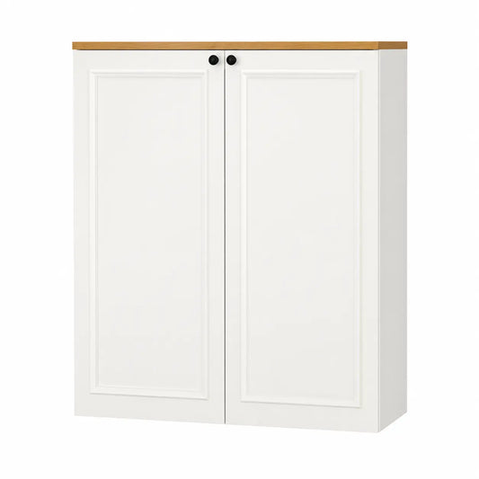 A white two-door cabinet with a light natural wood top and small black round knobs, shown on a plain white background.